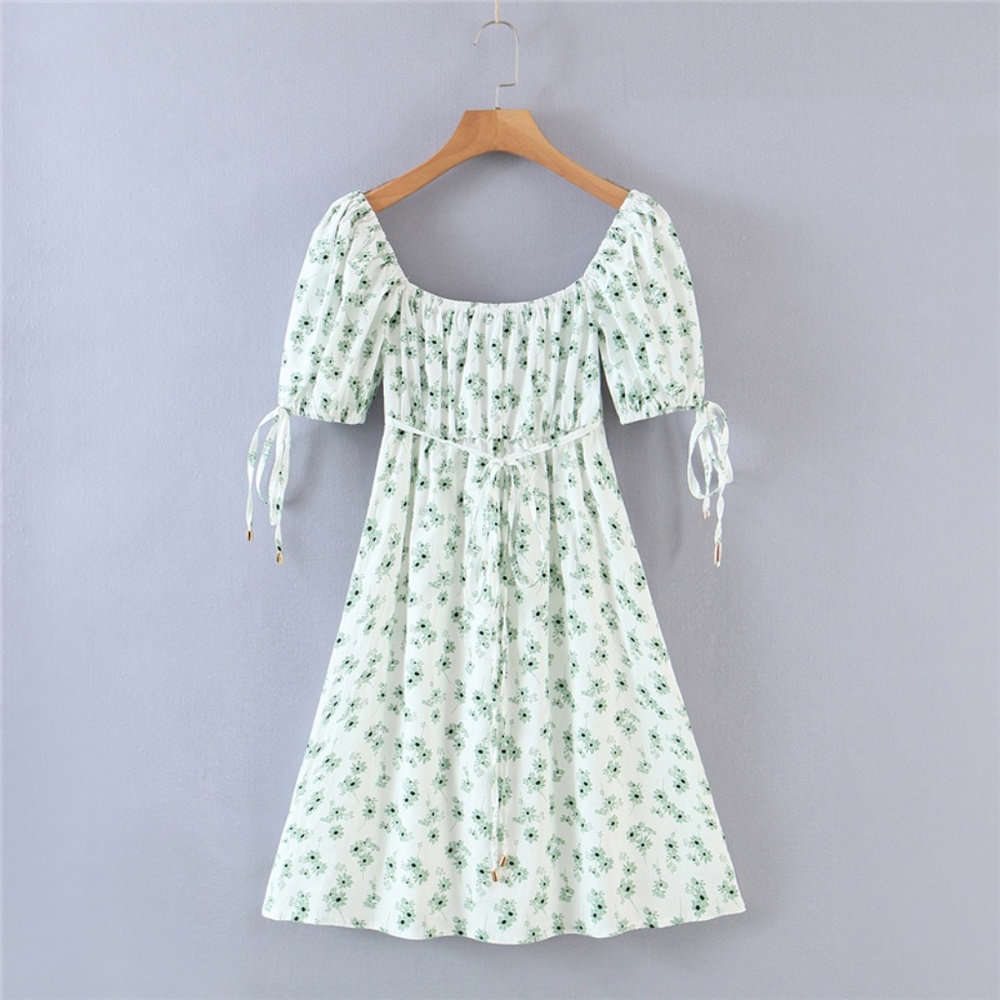 bohemian white floral print puff sleeve mini dress - Picture 4 of 5